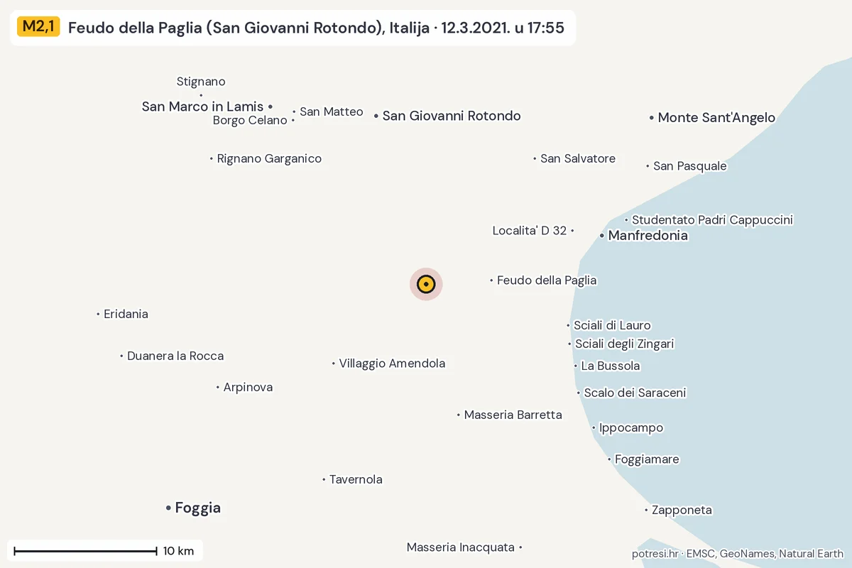 Karta: okolica epicentra, 60 km, potres M2,1, Feudo della Paglia (San Giovanni Rotondo), Italija, 12.3.2021.
