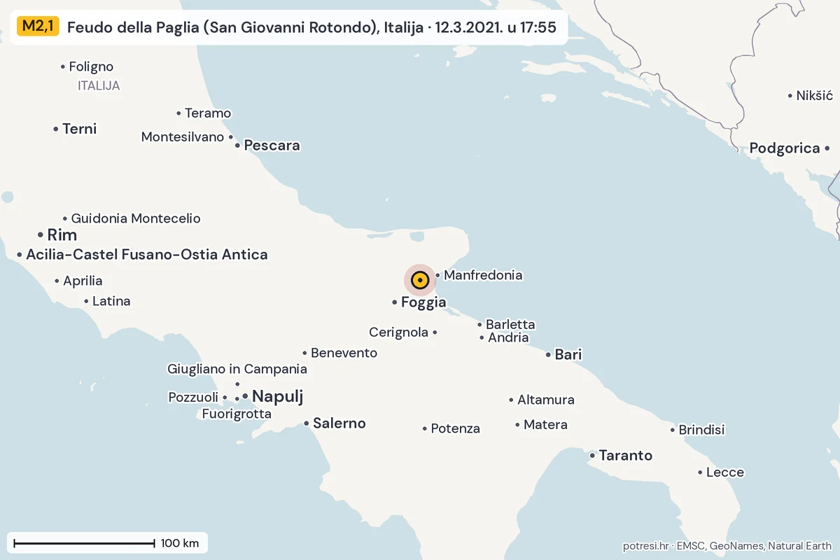 Karta: šire područje, 600 km, potres M2,1, Feudo della Paglia (San Giovanni Rotondo), Italija, 12.3.2021.