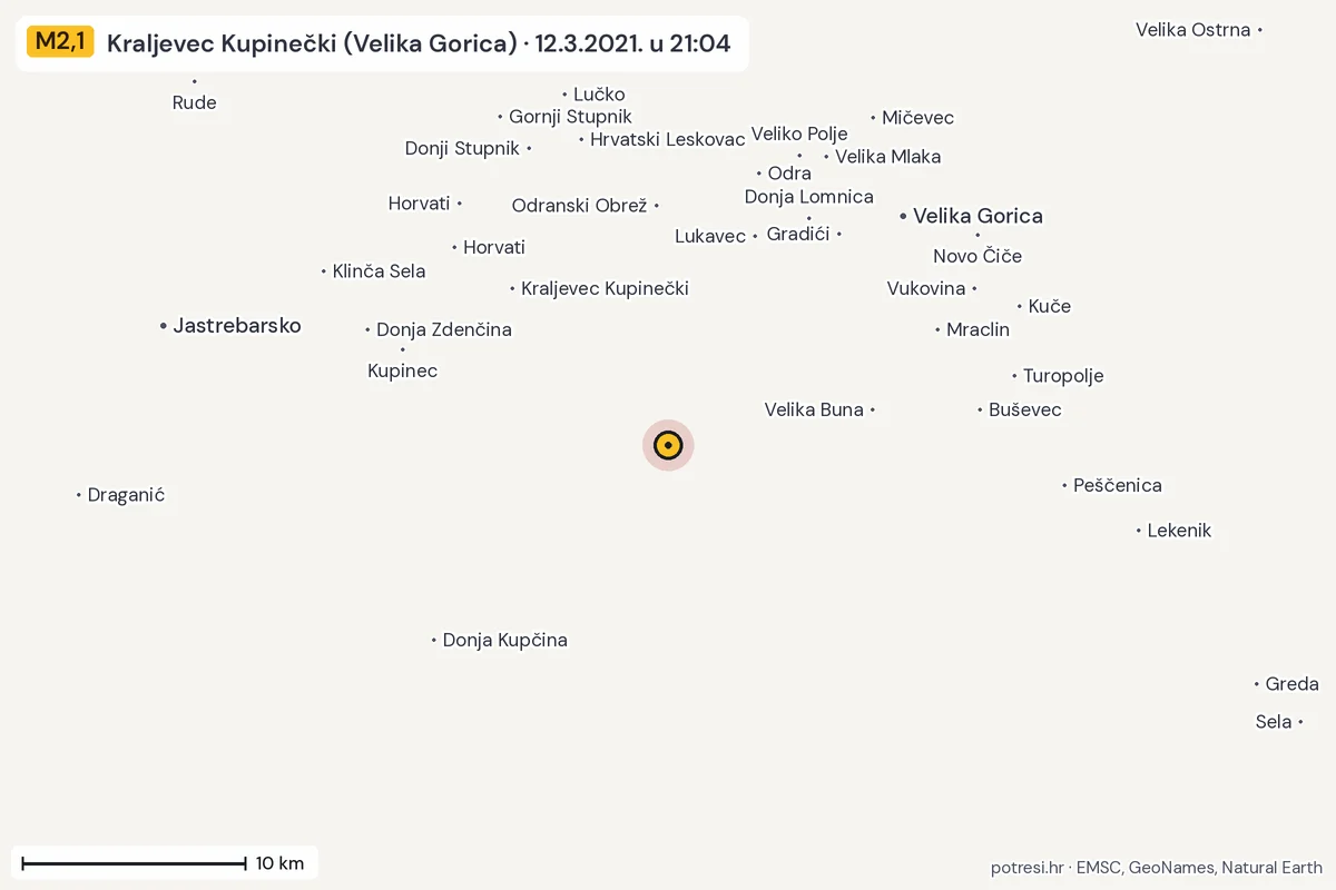 Karta: okolica epicentra, 60 km, potres M2,1, Kraljevec Kupinečki (Velika Gorica), 12.3.2021.