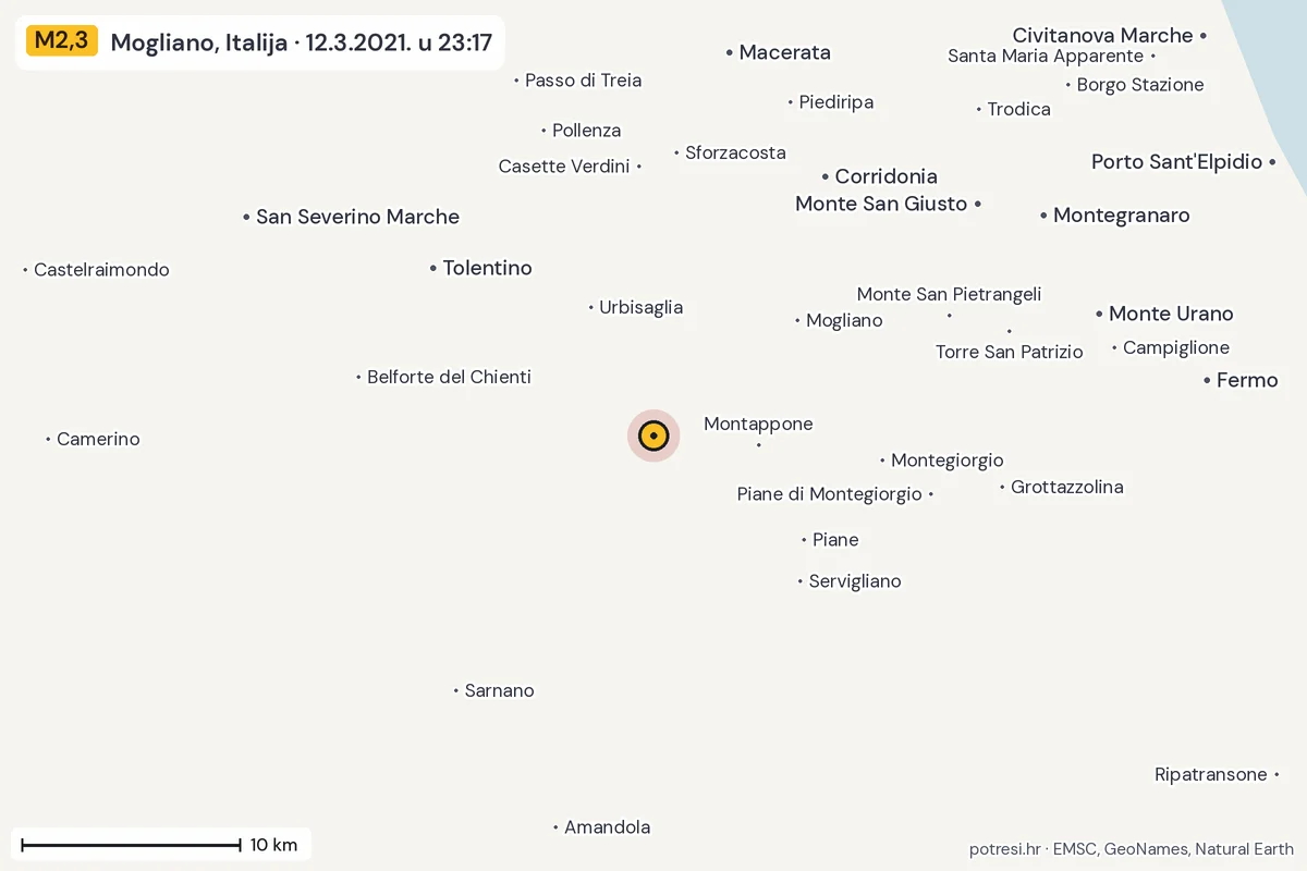 Karta: okolica epicentra, 60 km, potres M2,3, Mogliano, Italija, 12.3.2021.