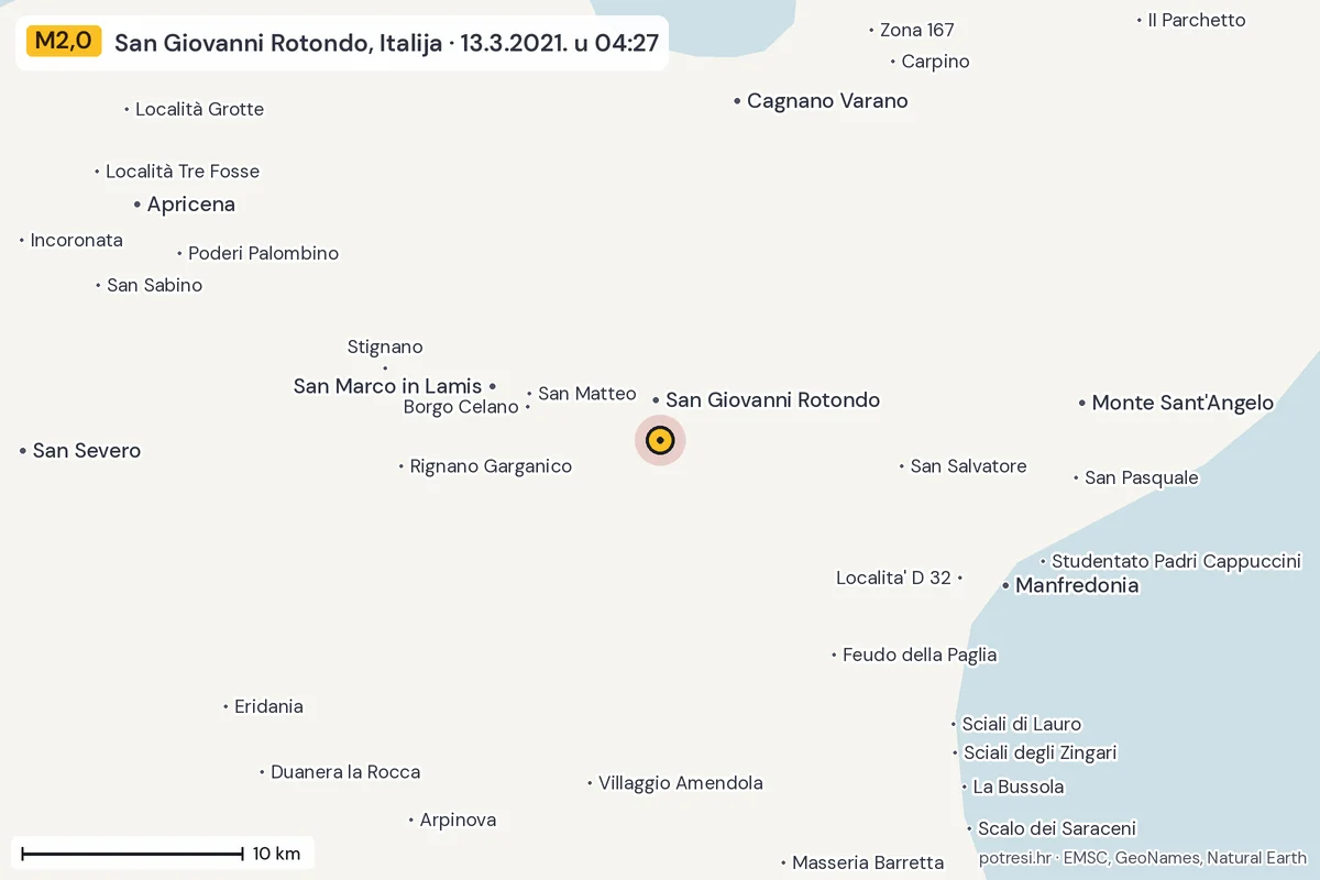 Karta: okolica epicentra, 60 km, potres M2,0, San Giovanni Rotondo, Italija, 13.3.2021.