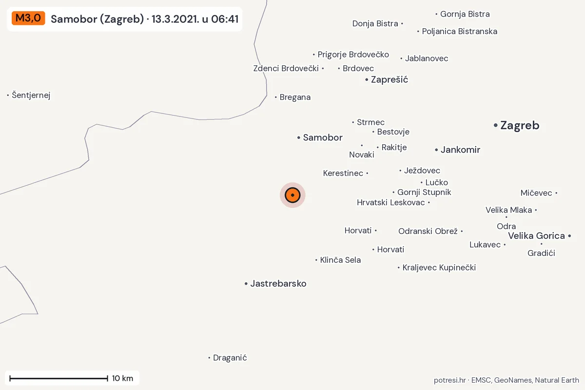 Karta: okolica epicentra, 60 km, potres M3,0, Samobor (Zagreb), 13.3.2021.
