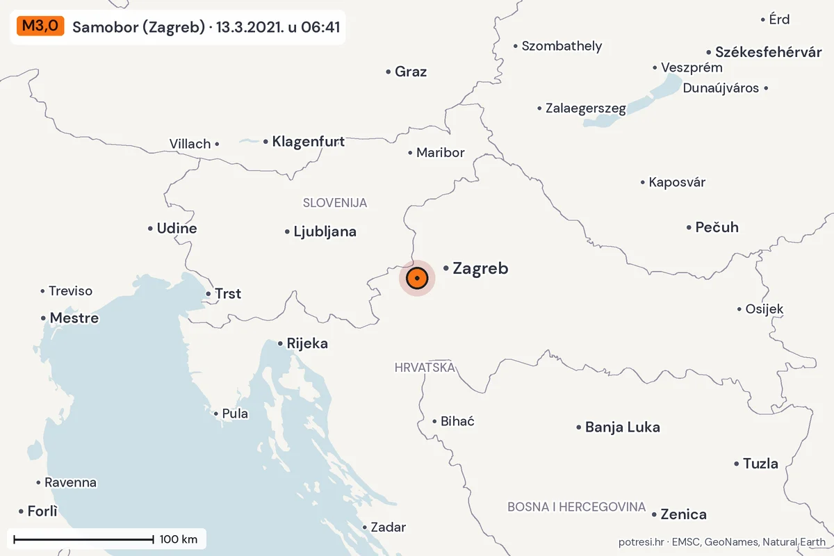 Karta: šire područje, 600 km, potres M3,0, Samobor (Zagreb), 13.3.2021.