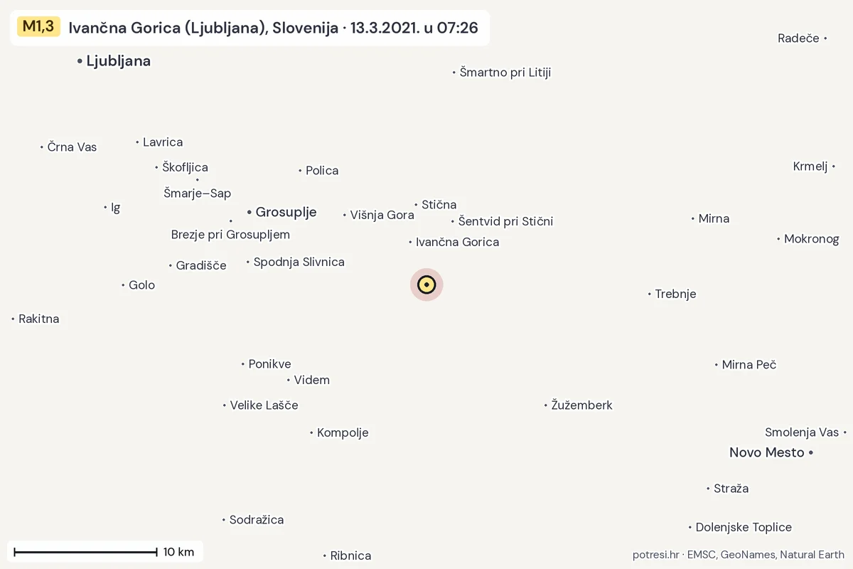 Karta: okolica epicentra, 60 km, potres M1,3, Ivančna Gorica (Ljubljana), Slovenija, 13.3.2021.