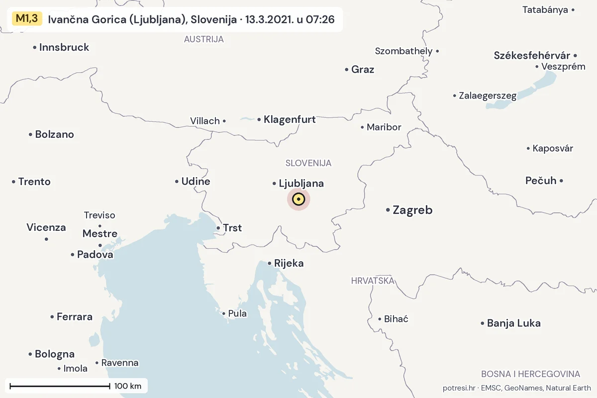 Karta: šire područje, 600 km, potres M1,3, Ivančna Gorica (Ljubljana), Slovenija, 13.3.2021.