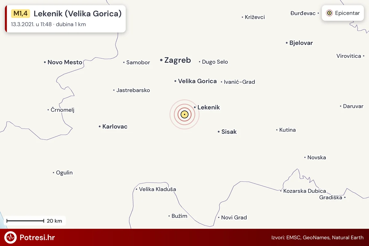 Karta: šire područje i vjerojatni doseg osjeta, potres M1,4, Lekenik (Velika Gorica), 13.3.2021.