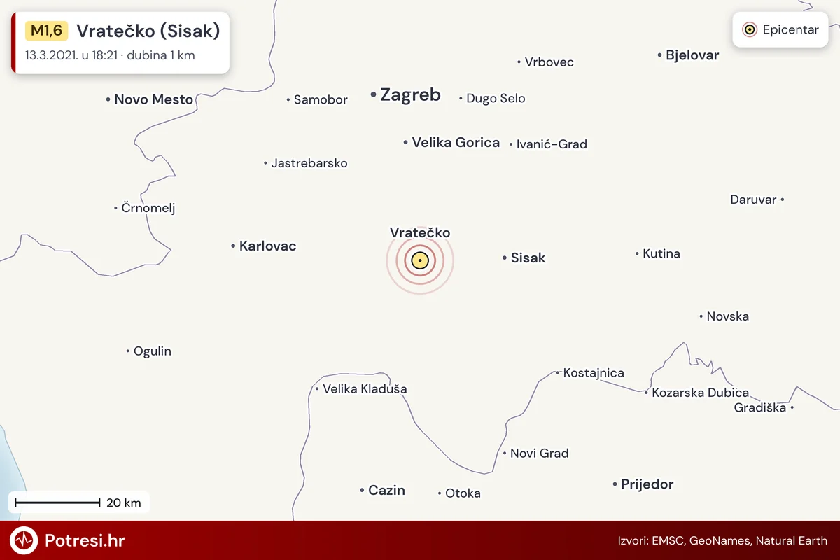 Karta: šire područje i vjerojatni doseg osjeta, potres M1,6, Vratečko (Sisak), 13.3.2021.