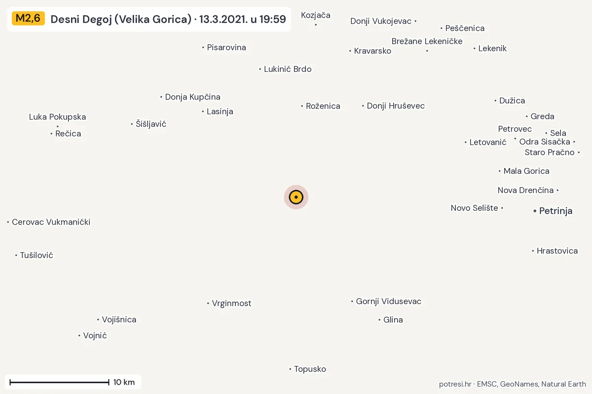 Karta: okolica epicentra, 60 km, potres M2,6, Desni Degoj (Velika Gorica), 13.3.2021.