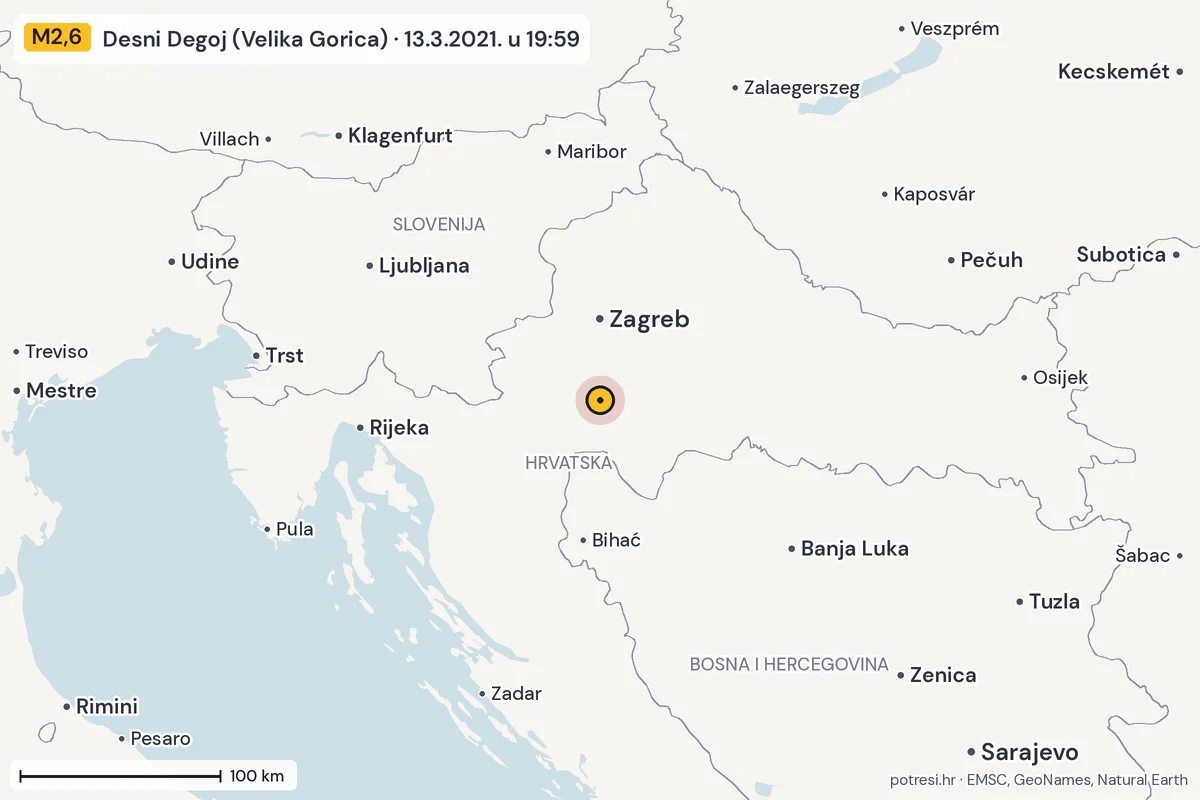 Karta: šire područje, 600 km, potres M2,6, Desni Degoj (Velika Gorica), 13.3.2021.