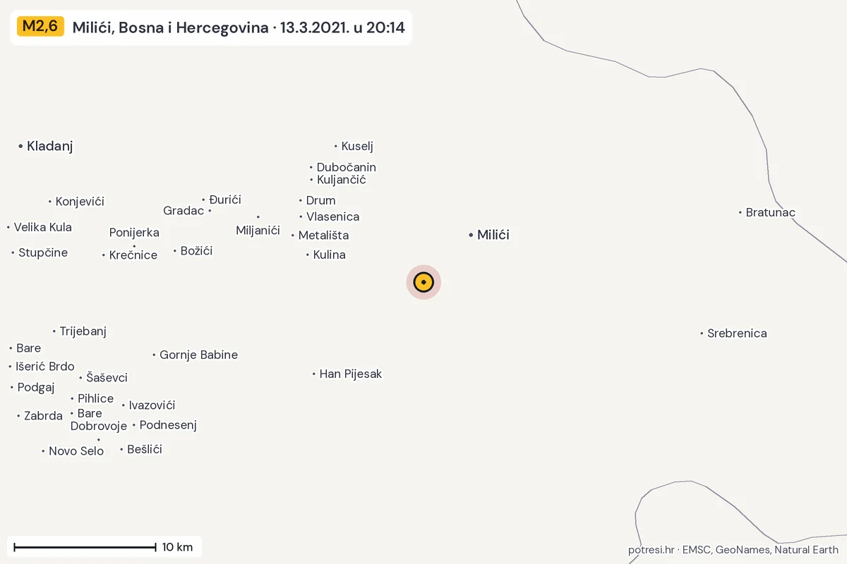 Karta: okolica epicentra, 60 km, potres M2,6, Milići, Bosna i Hercegovina, 13.3.2021.