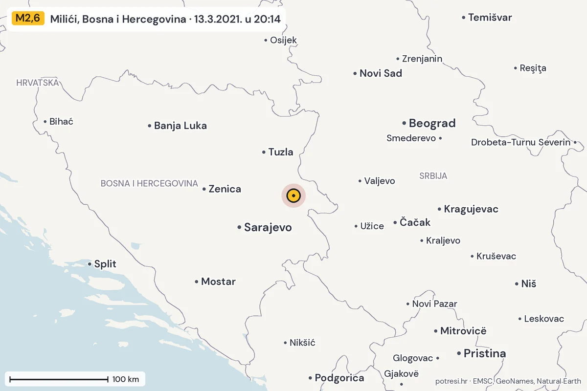 Karta: šire područje, 600 km, potres M2,6, Milići, Bosna i Hercegovina, 13.3.2021.