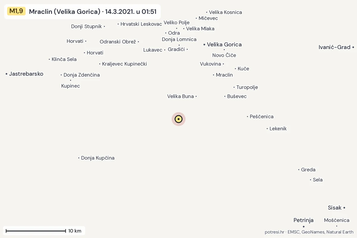 Karta: okolica epicentra, 60 km, potres M1,9, Mraclin (Velika Gorica), 14.3.2021.