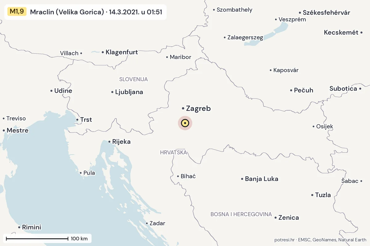 Karta: šire područje, 600 km, potres M1,9, Mraclin (Velika Gorica), 14.3.2021.