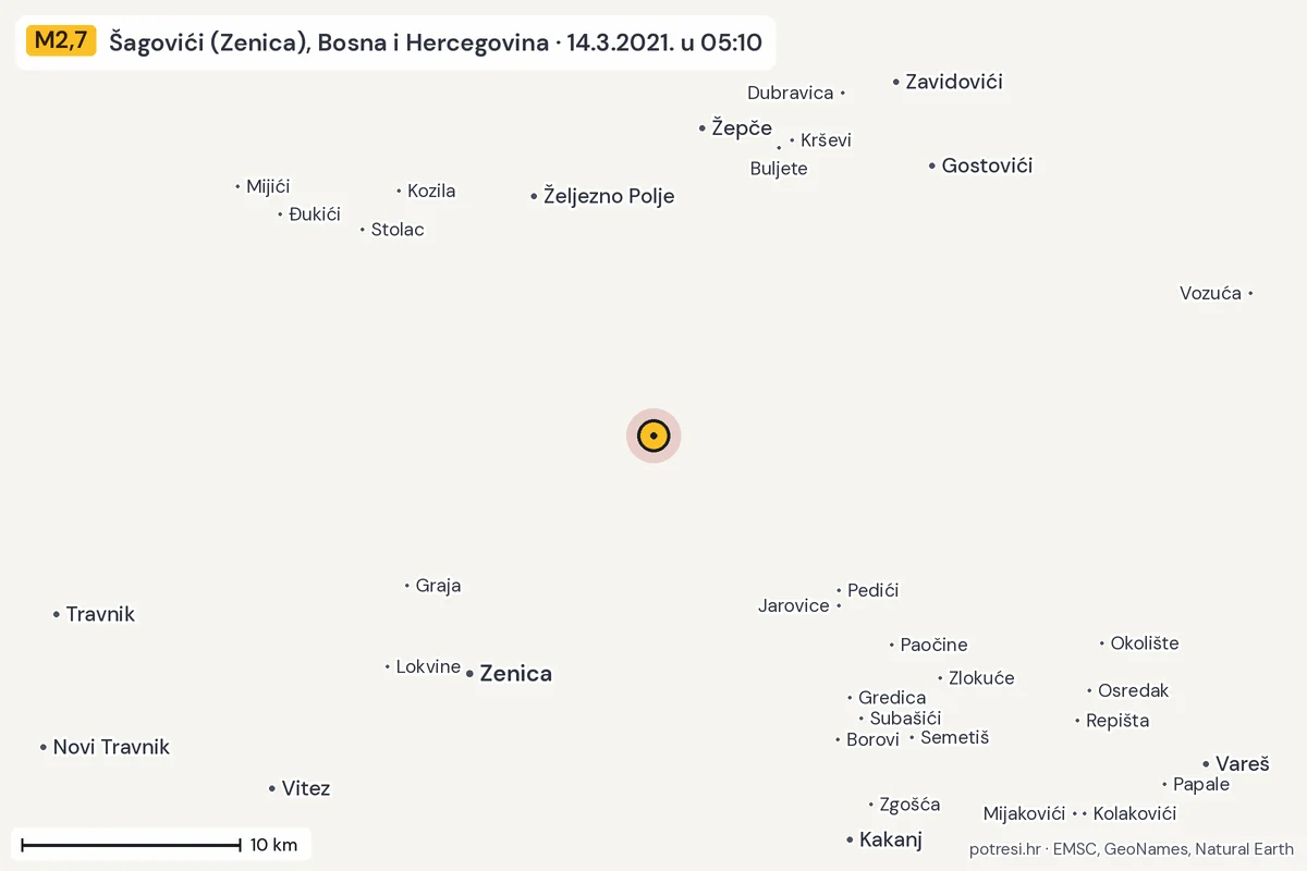 Karta: okolica epicentra, 60 km, potres M2,7, Šagovići (Zenica), Bosna i Hercegovina, 14.3.2021.