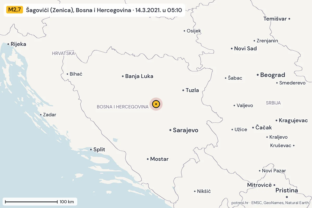 Karta: šire područje, 600 km, potres M2,7, Šagovići (Zenica), Bosna i Hercegovina, 14.3.2021.