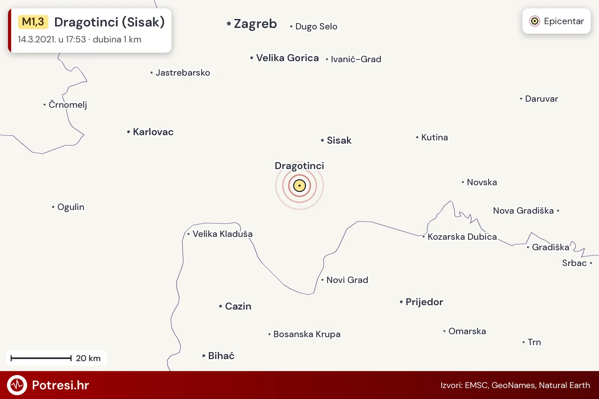 Karta: šire područje i vjerojatni doseg osjeta, potres M1,3, Dragotinci (Sisak), 14.3.2021.