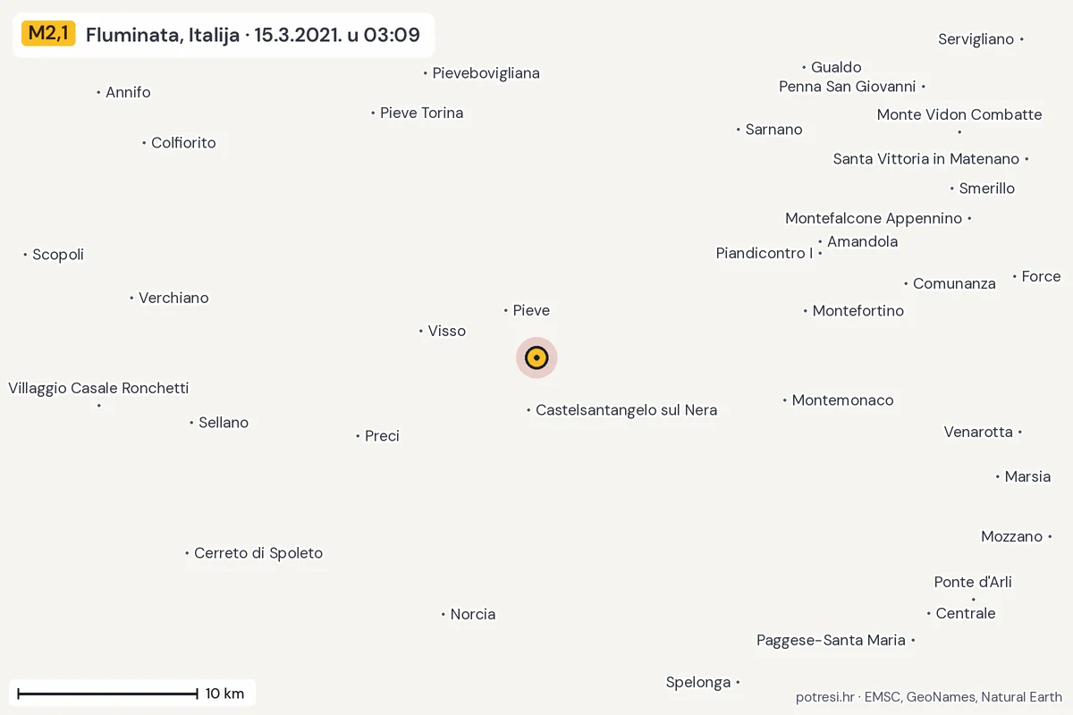 Karta: okolica epicentra, 60 km, potres M2,1, Fluminata, Italija, 15.3.2021.
