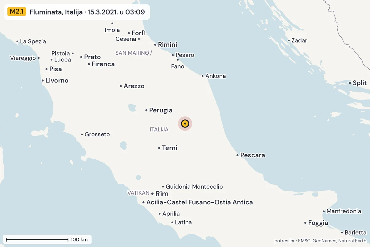 Karta: šire područje, 600 km, potres M2,1, Fluminata, Italija, 15.3.2021.