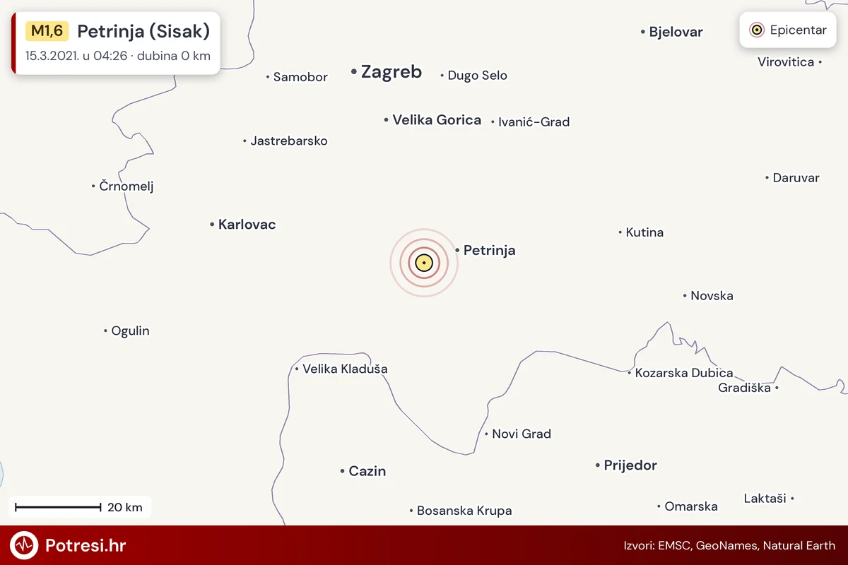 Karta: šire područje i vjerojatni doseg osjeta, potres M1,6, Petrinja (Sisak), 15.3.2021.