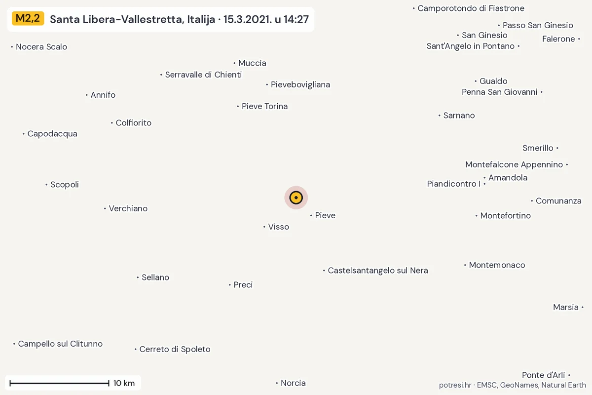 Karta: okolica epicentra, 60 km, potres M2,2, Santa Libera-Vallestretta, Italija, 15.3.2021.