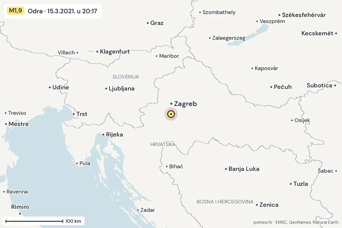 Karta: šire područje, 600 km, potres M1,9, Odra, 15.3.2021.