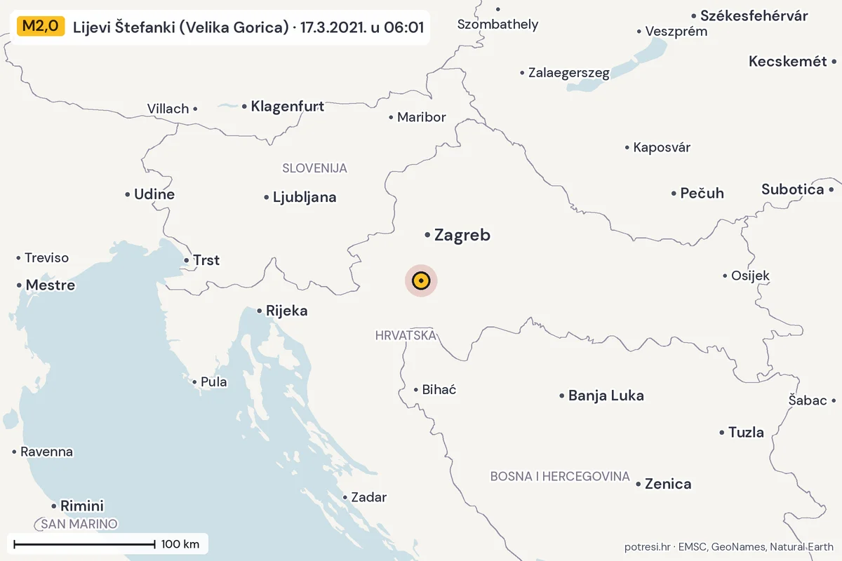Karta: šire područje, 600 km, potres M2,0, Lijevi Štefanki (Velika Gorica), 17.3.2021.