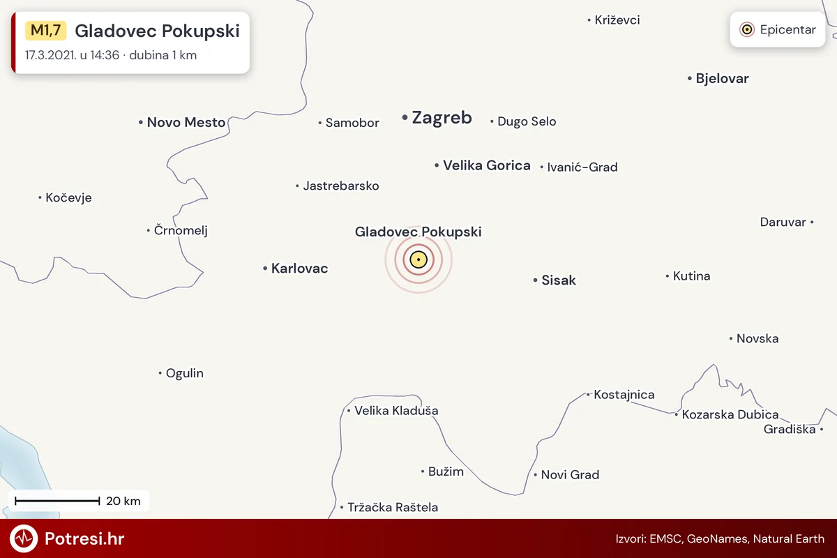 Karta: šire područje i vjerojatni doseg osjeta, potres M1,7, Gladovec Pokupski, 17.3.2021.