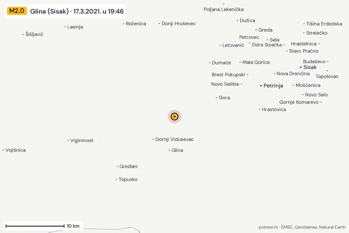 Karta: okolica epicentra, 60 km, potres M2,0, Glina (Sisak), 17.3.2021.
