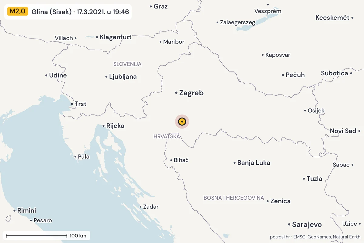 Karta: šire područje, 600 km, potres M2,0, Glina (Sisak), 17.3.2021.