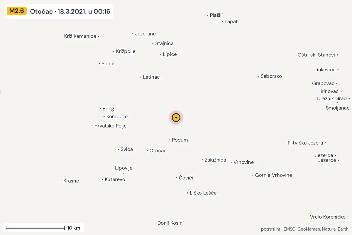 Karta: okolica epicentra, 60 km, potres M2,6, Otočac, 18.3.2021.