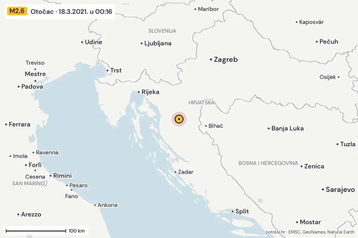 Karta: šire područje, 600 km, potres M2,6, Otočac, 18.3.2021.