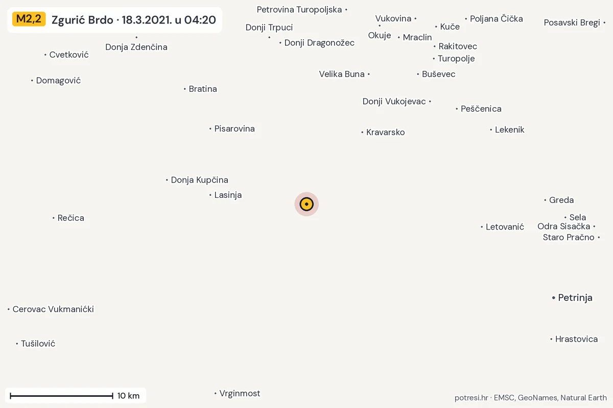 Karta: okolica epicentra, 60 km, potres M2,2, Zgurić Brdo, 18.3.2021.