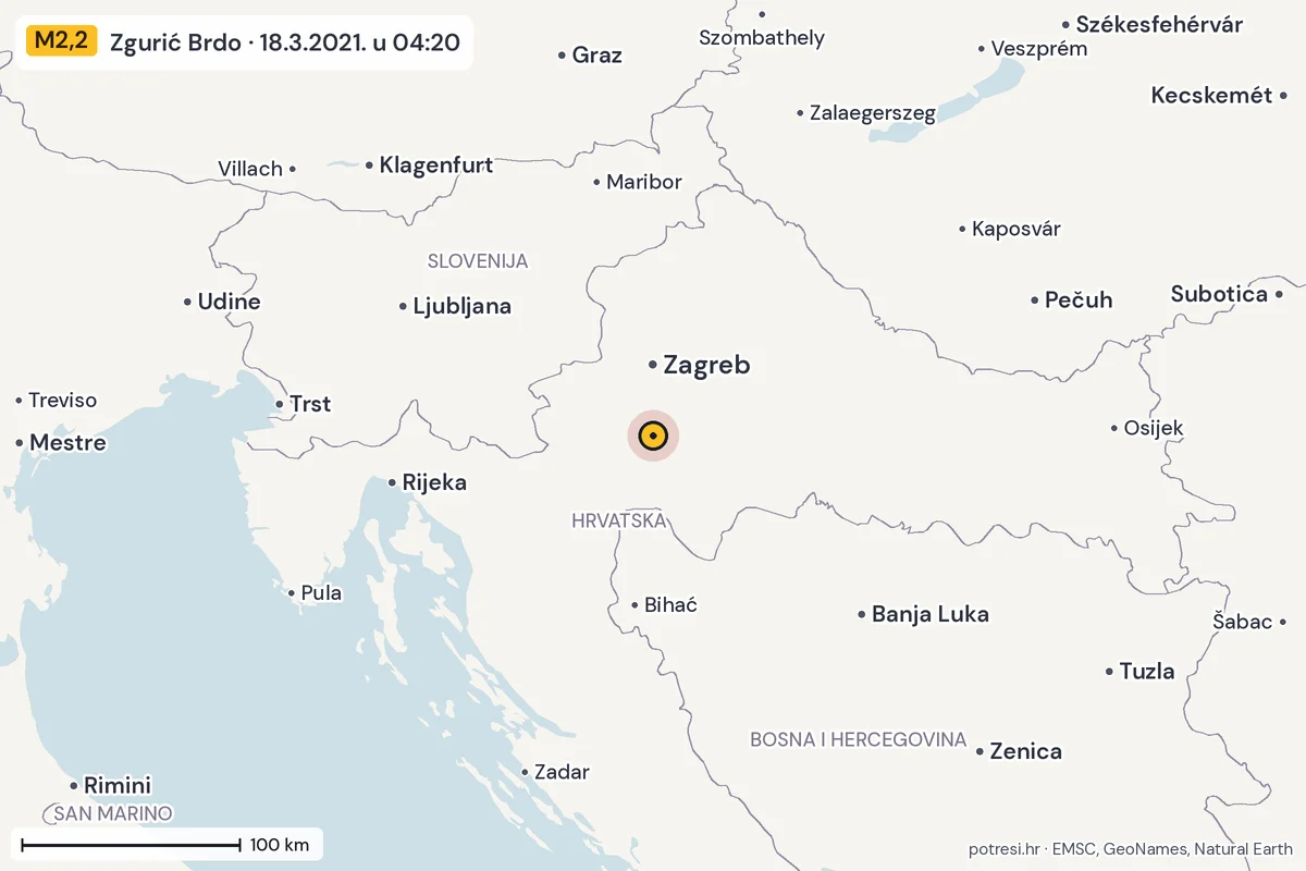 Karta: šire područje, 600 km, potres M2,2, Zgurić Brdo, 18.3.2021.