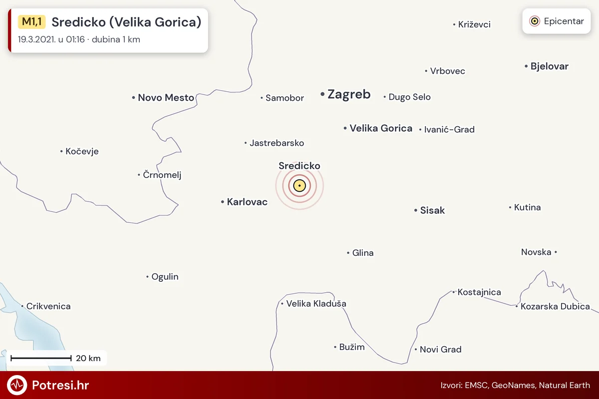 Karta: šire područje i vjerojatni doseg osjeta, potres M1,1, Sredicko (Velika Gorica), 19.3.2021.