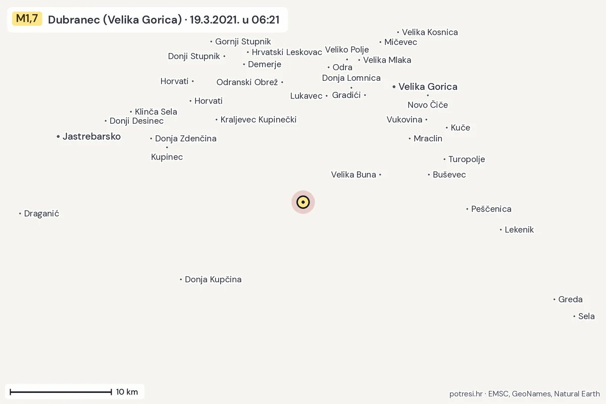 Karta: okolica epicentra, 60 km, potres M1,7, Dubranec (Velika Gorica), 19.3.2021.