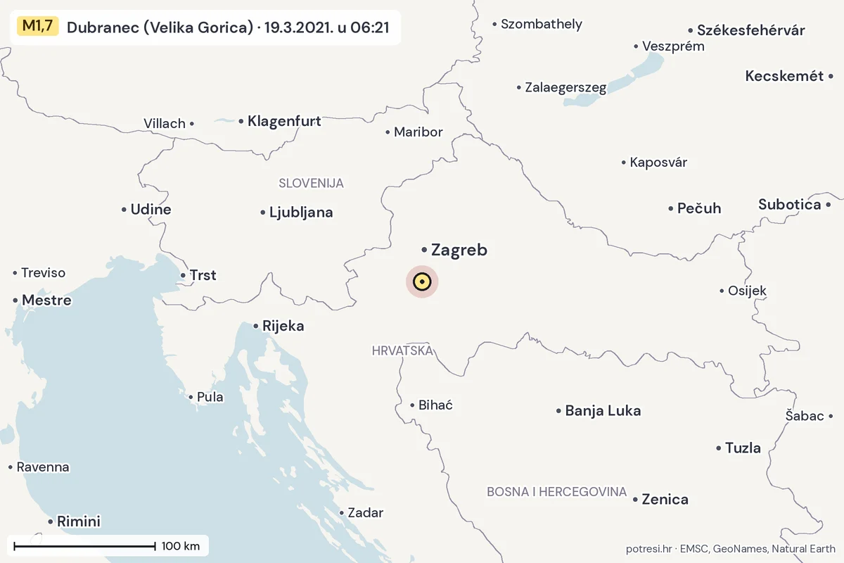 Karta: šire područje, 600 km, potres M1,7, Dubranec (Velika Gorica), 19.3.2021.
