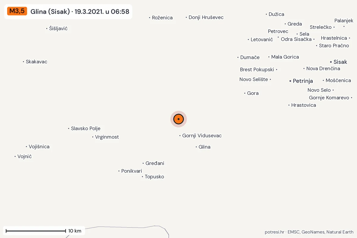 Karta: okolica epicentra, 60 km, potres M3,5, Glina (Sisak), 19.3.2021.