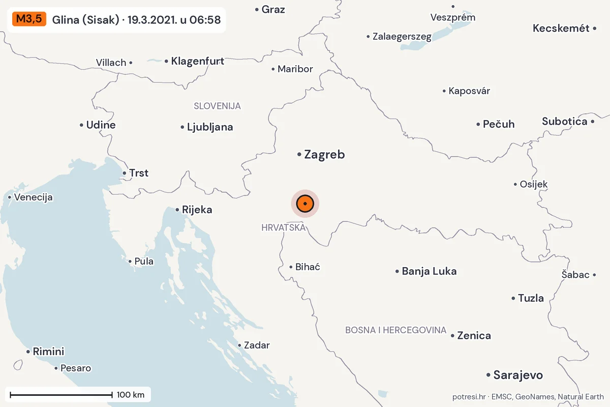 Karta: šire područje, 600 km, potres M3,5, Glina (Sisak), 19.3.2021.