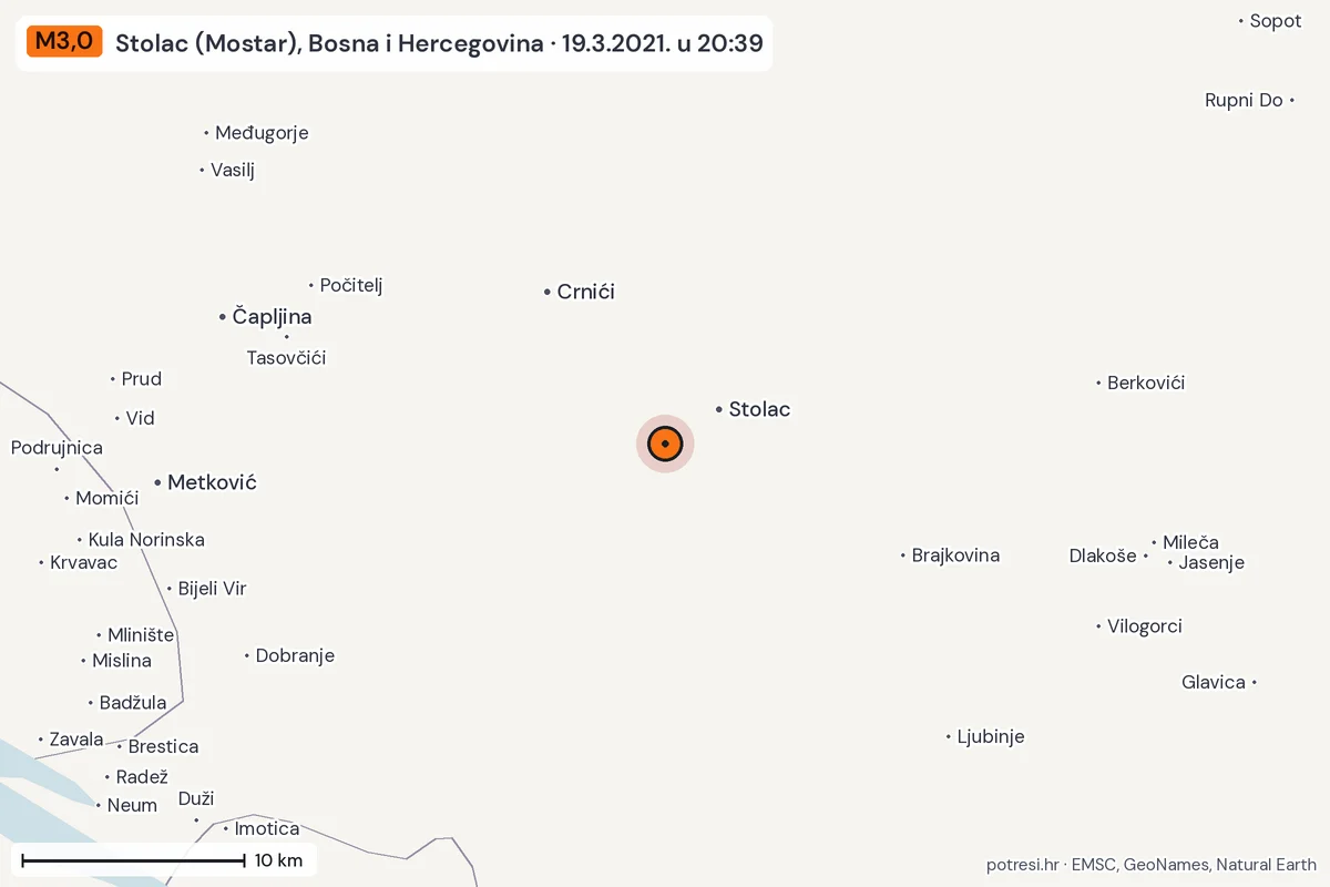 Karta: okolica epicentra, 60 km, potres M3,0, Stolac (Mostar), Bosna i Hercegovina, 19.3.2021.