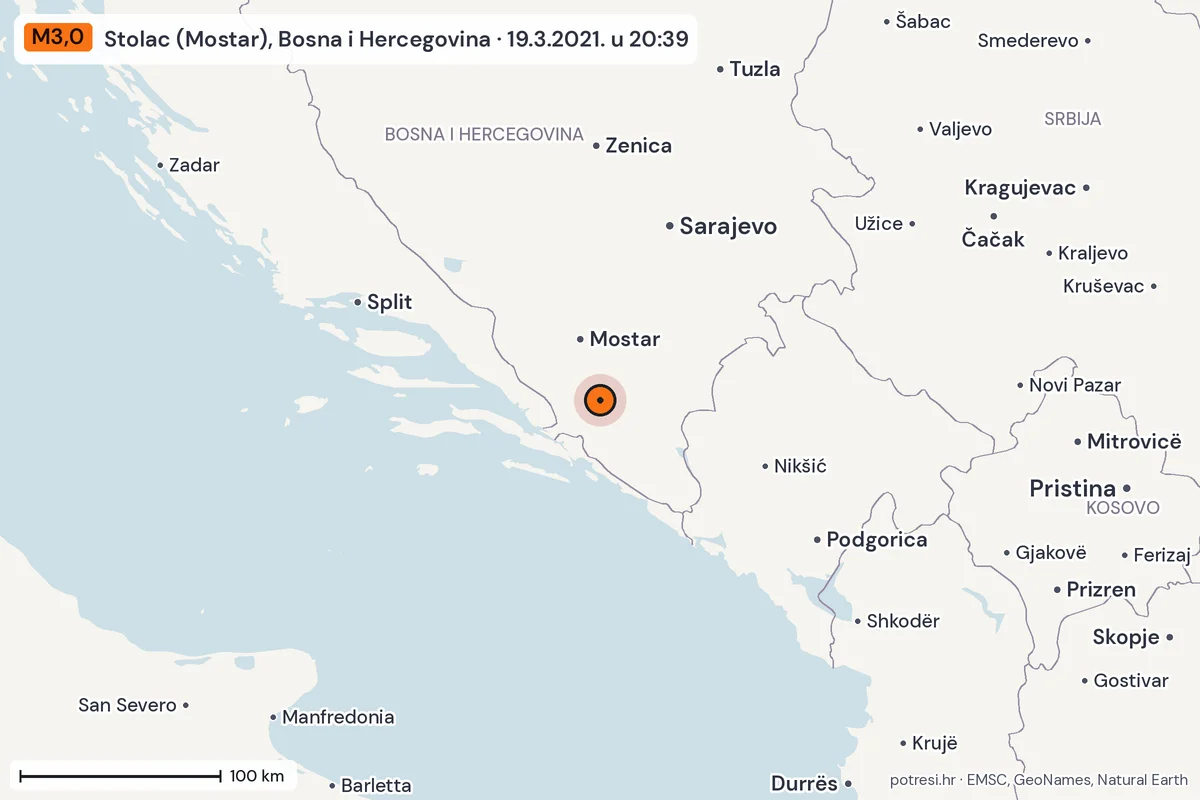 Karta: šire područje, 600 km, potres M3,0, Stolac (Mostar), Bosna i Hercegovina, 19.3.2021.