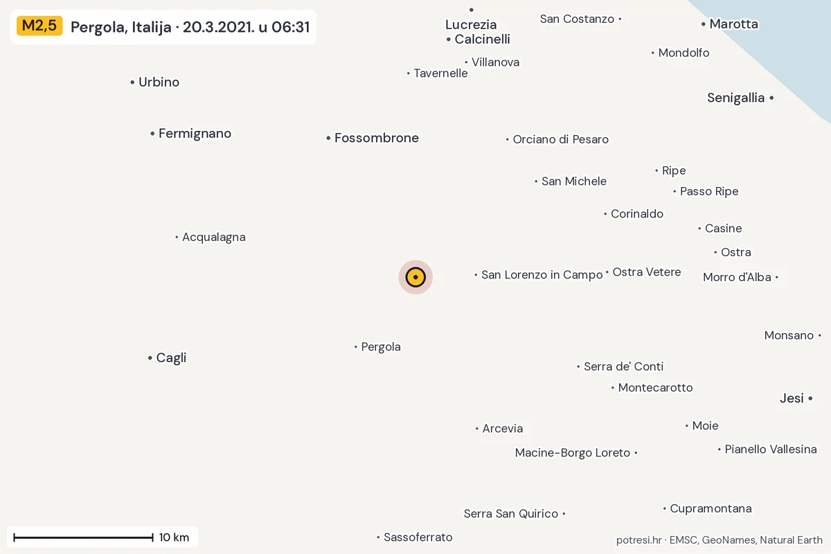Karta: okolica epicentra, 60 km, potres M2,5, Pergola, Italija, 20.3.2021.