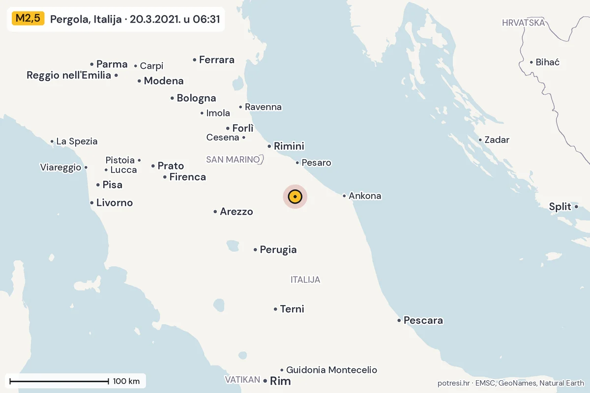 Karta: šire područje, 600 km, potres M2,5, Pergola, Italija, 20.3.2021.