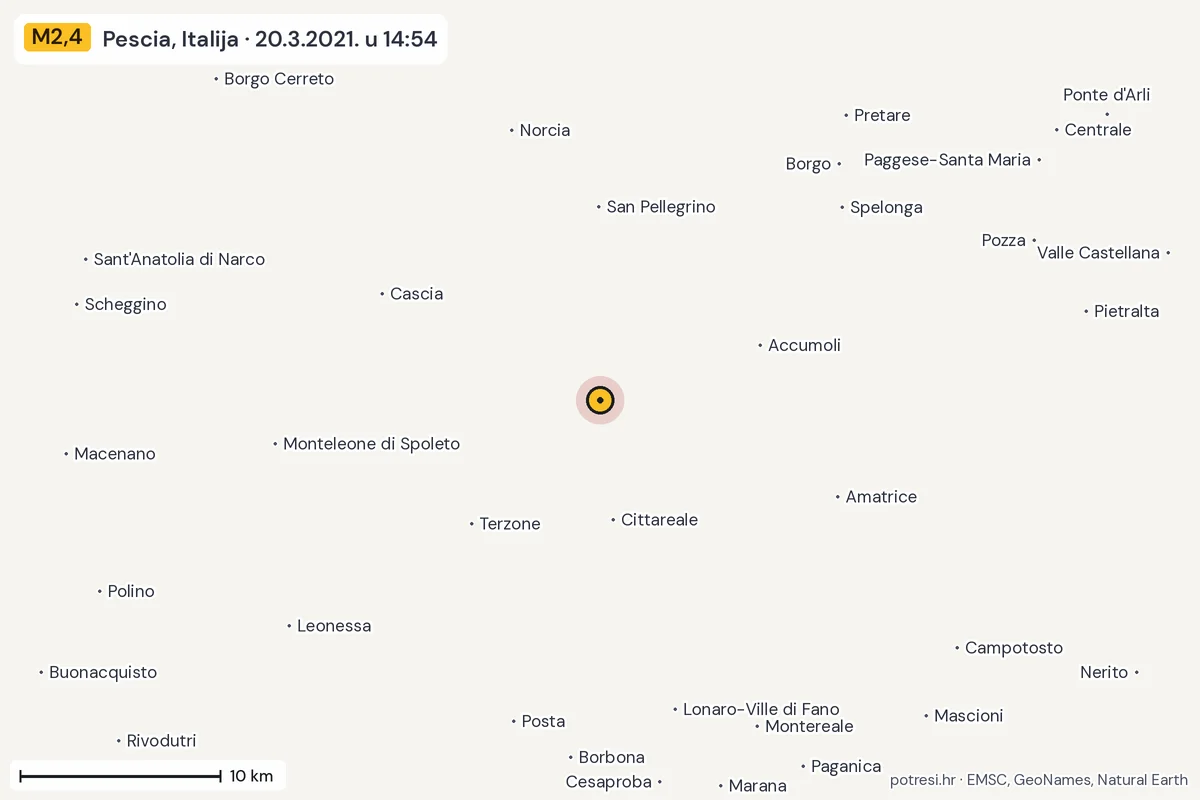 Karta: okolica epicentra, 60 km, potres M2,4, Pescia, Italija, 20.3.2021.