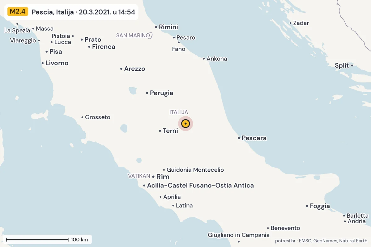 Karta: šire područje, 600 km, potres M2,4, Pescia, Italija, 20.3.2021.