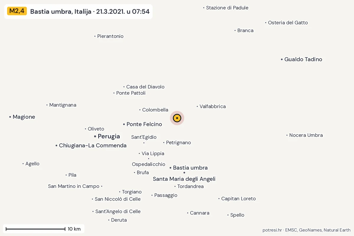 Karta: okolica epicentra, 60 km, potres M2,4, Bastia umbra, Italija, 21.3.2021.