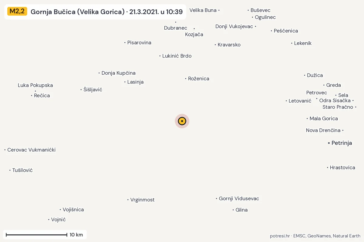 Karta: okolica epicentra, 60 km, potres M2,2, Gornja Bučica (Velika Gorica), 21.3.2021.