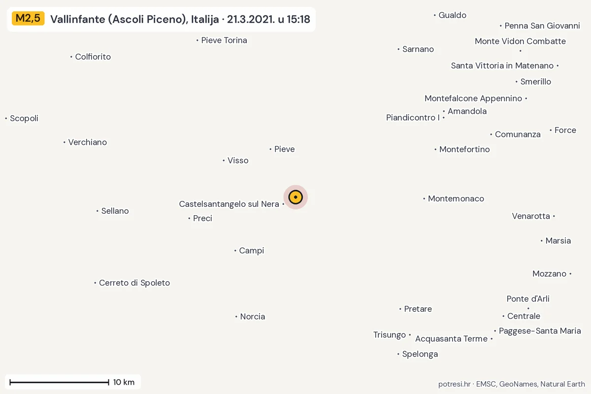 Karta: okolica epicentra, 60 km, potres M2,5, Vallinfante (Ascoli Piceno), Italija, 21.3.2021.