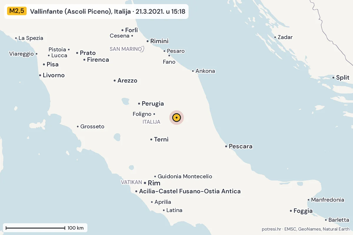 Karta: šire područje, 600 km, potres M2,5, Vallinfante (Ascoli Piceno), Italija, 21.3.2021.