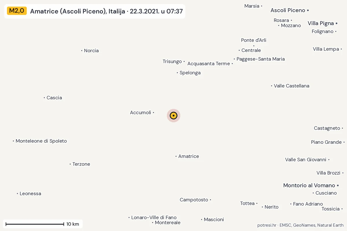Karta: okolica epicentra, 60 km, potres M2,0, Amatrice (Ascoli Piceno), Italija, 22.3.2021.