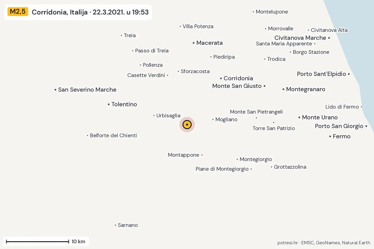 Karta: okolica epicentra, 60 km, potres M2,5, Corridonia, Italija, 22.3.2021.